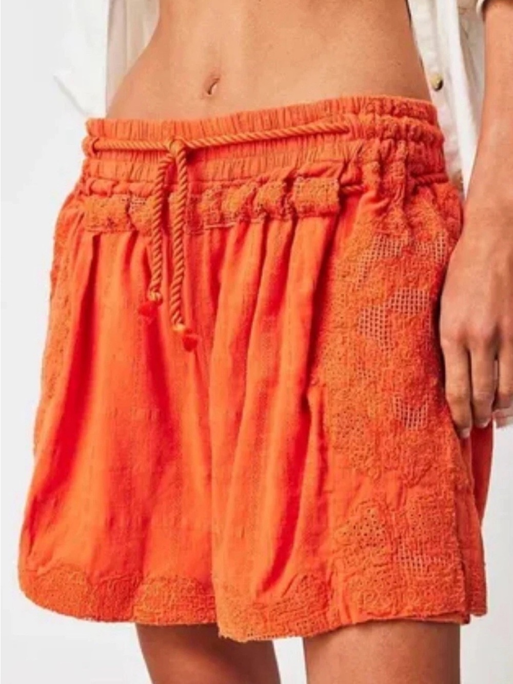 Free People Vibrant Orange Drawstring Textured Shorts